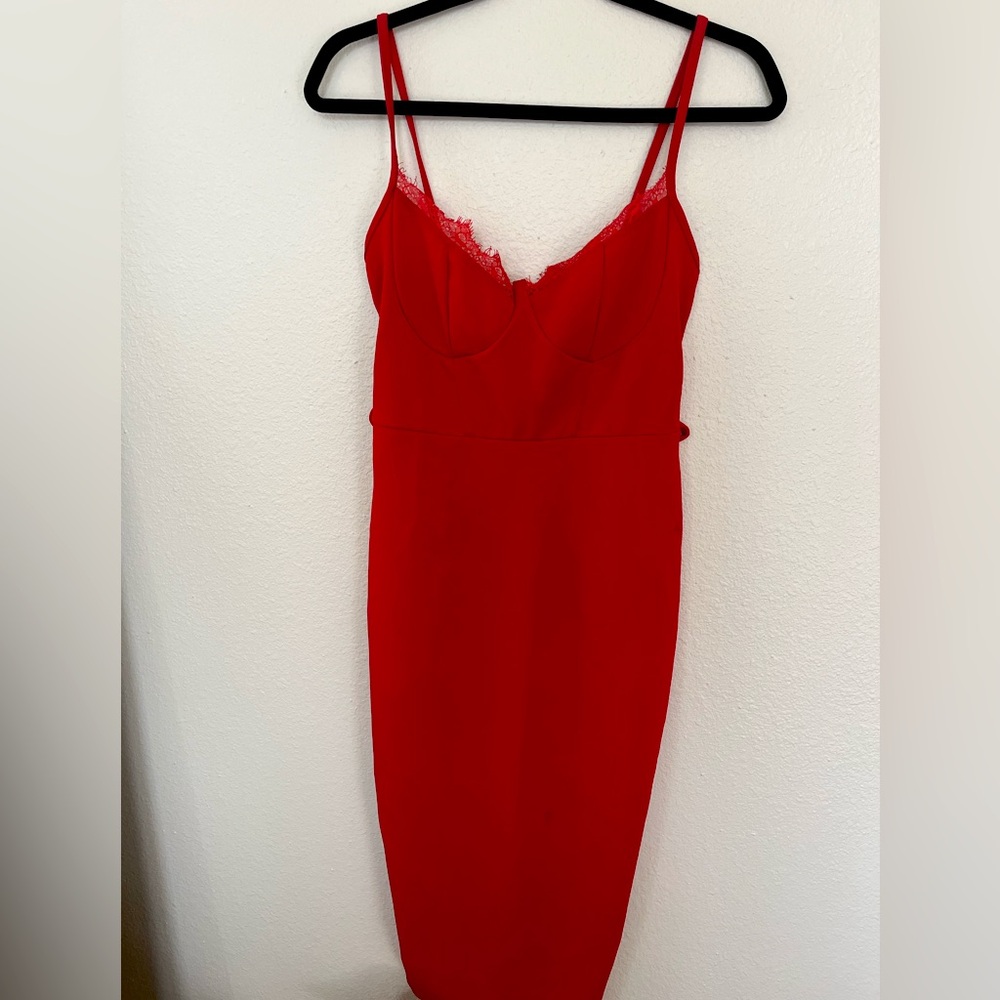 Sexy, red lace trimmed midi dress